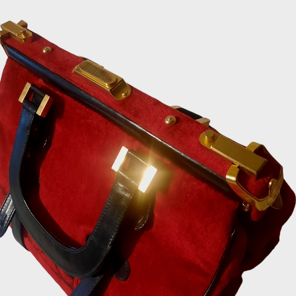 CESARE PICCINI Vintage Velvet Satchel w/ Leather Trim Red/Blk Gold HW - Picture 9 of 13